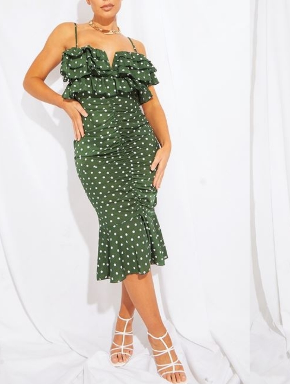 PrettyLittleThing Charming Green & White Polka Dot Ruffled Midi Dress Nwot